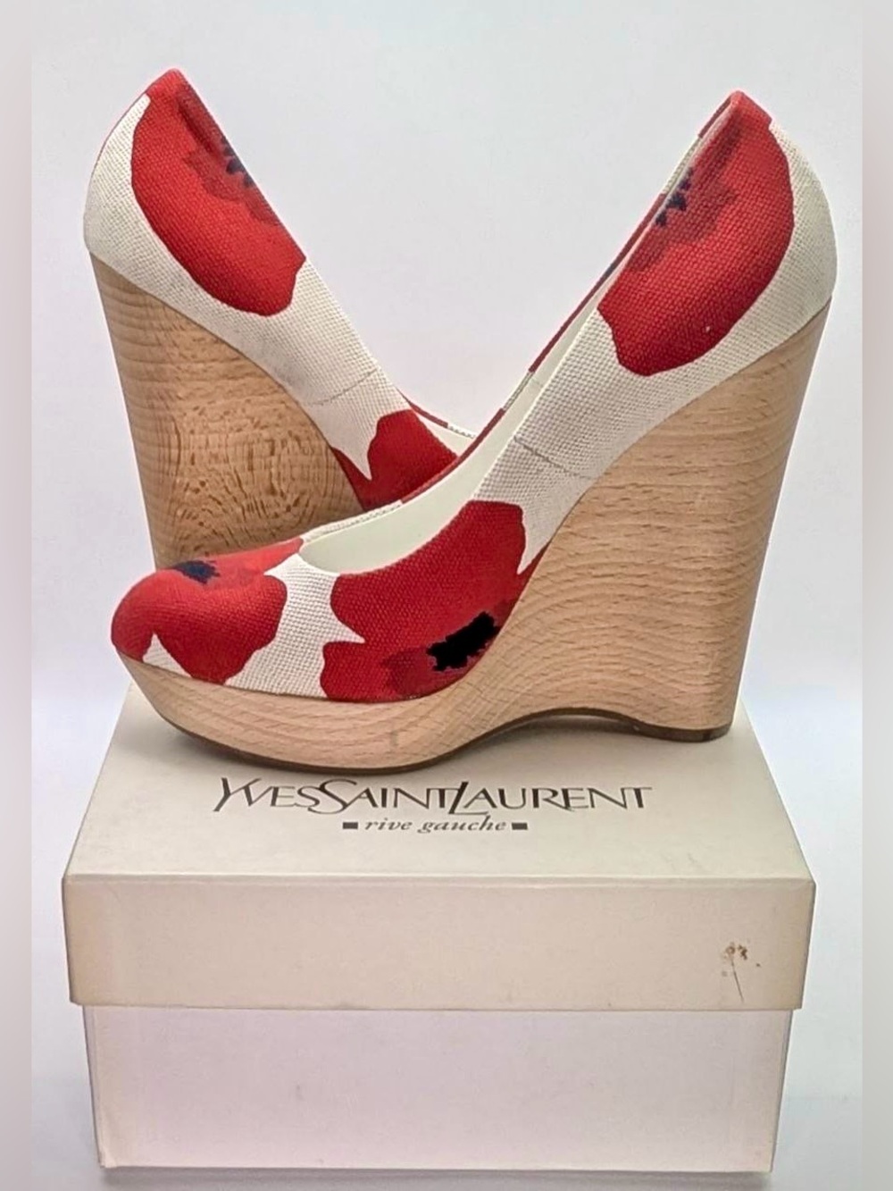 NWT YSL Floral Poppy Wedge Heels Size 38.5 US 8.5 Brand New Authentic Luxury - Picture 3 of 16